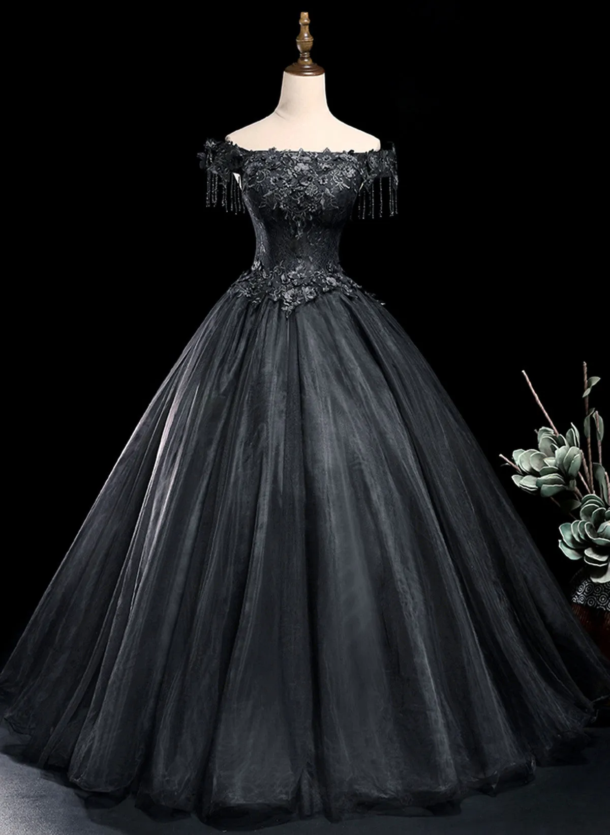 Uniwim Black Tulle Off Shoulder with Lace Applique Party Dress, Black Tulle Long Sweet 16 Dress