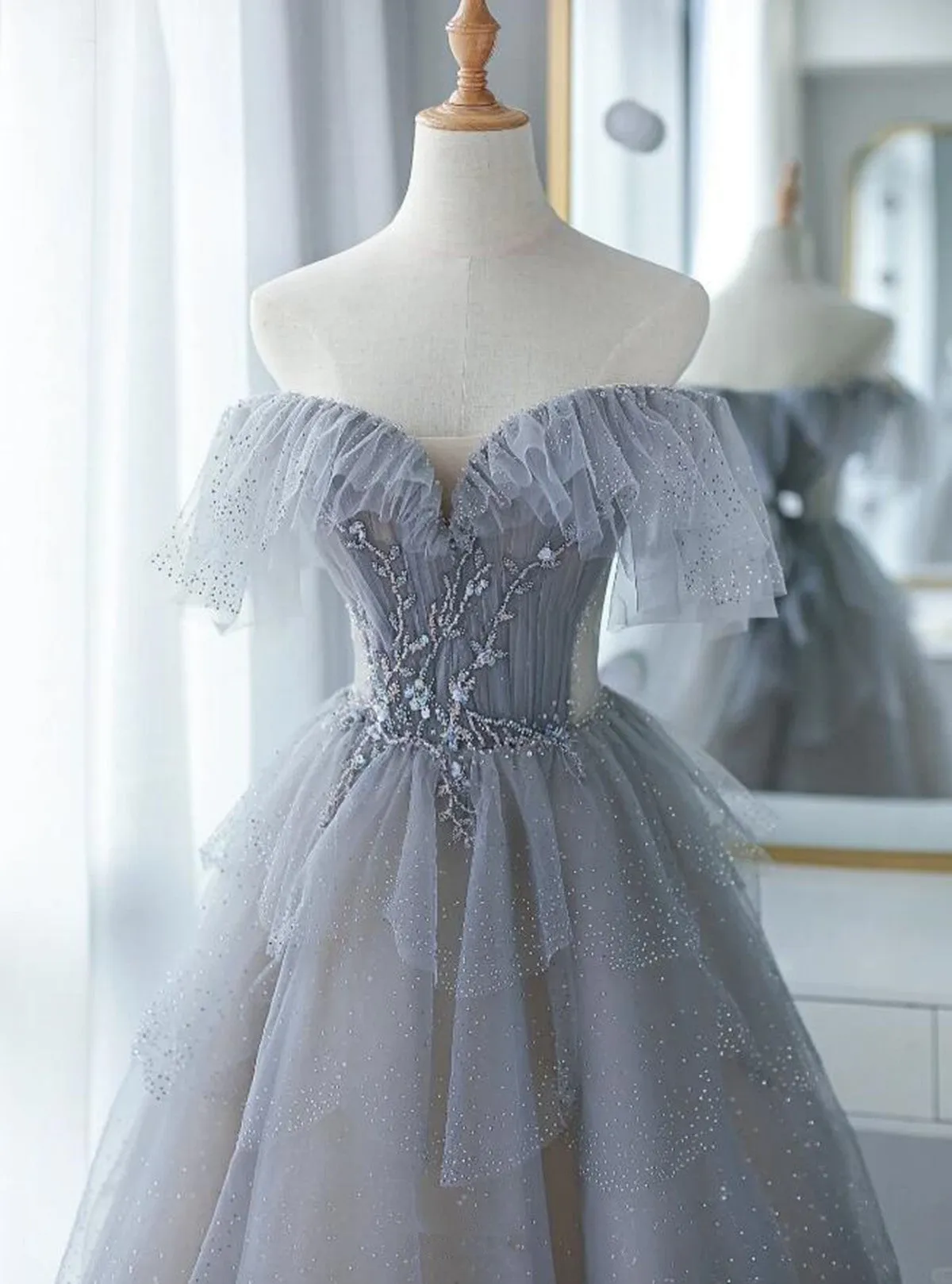 Uniwim Chic Grey Beaded Layers Tulle Long Formal Dress, Grey Off Shoulder Prom Dress