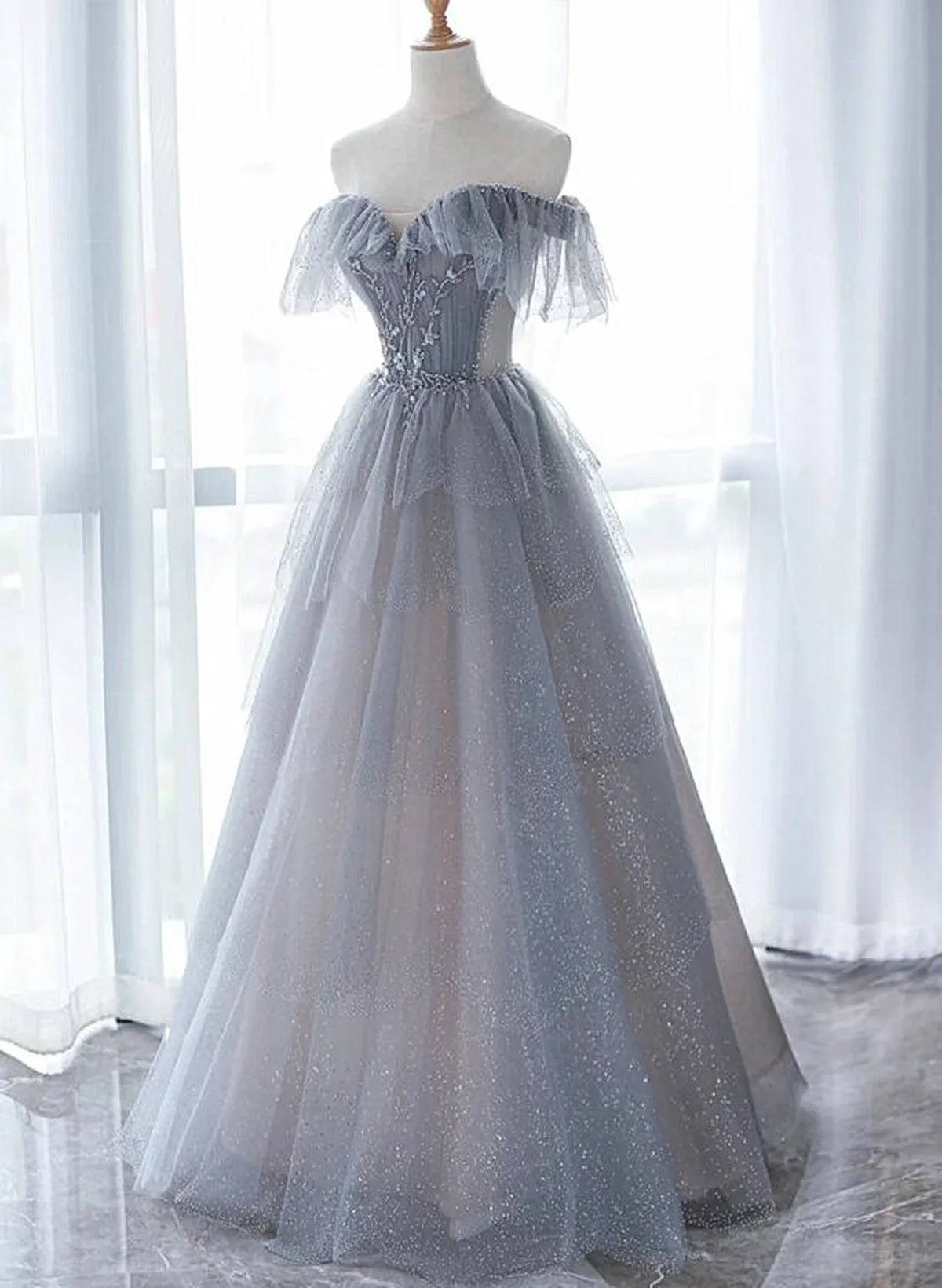 Uniwim Chic Grey Beaded Layers Tulle Long Formal Dress, Grey Off Shoulder Prom Dress