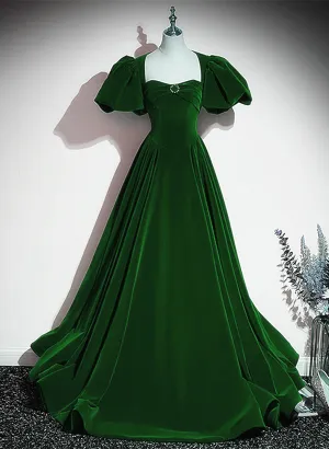 Uniwim Green Velvet Backless Long Party Dress, Green Short Sleeves Formal Dress Prom Dress