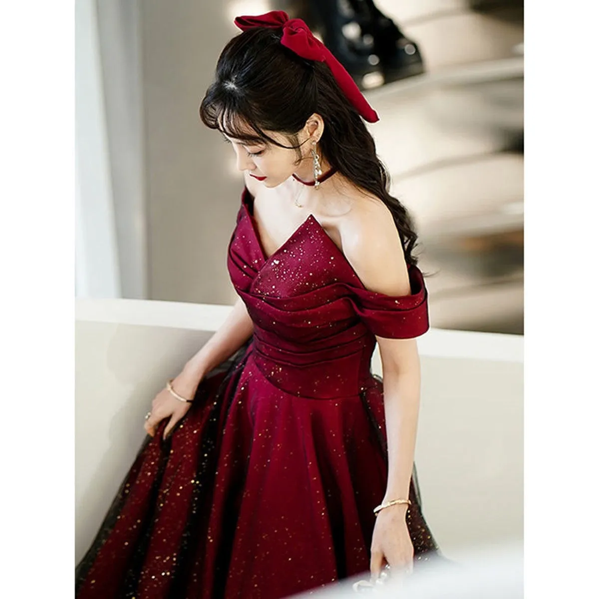 Uniwim Wine Red and Black Off Shoulder Satin Party Dress, Red and Black Long Evening Dress