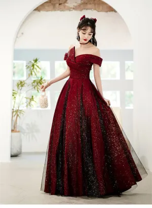 Uniwim Wine Red and Black Off Shoulder Satin Party Dress, Red and Black Long Evening Dress