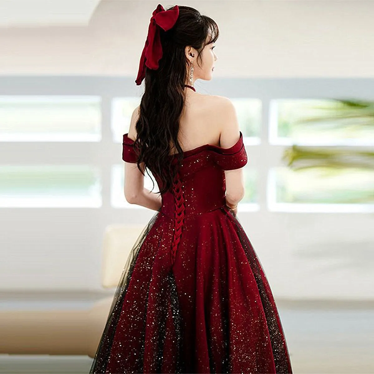 Uniwim Wine Red and Black Off Shoulder Satin Party Dress, Red and Black Long Evening Dress