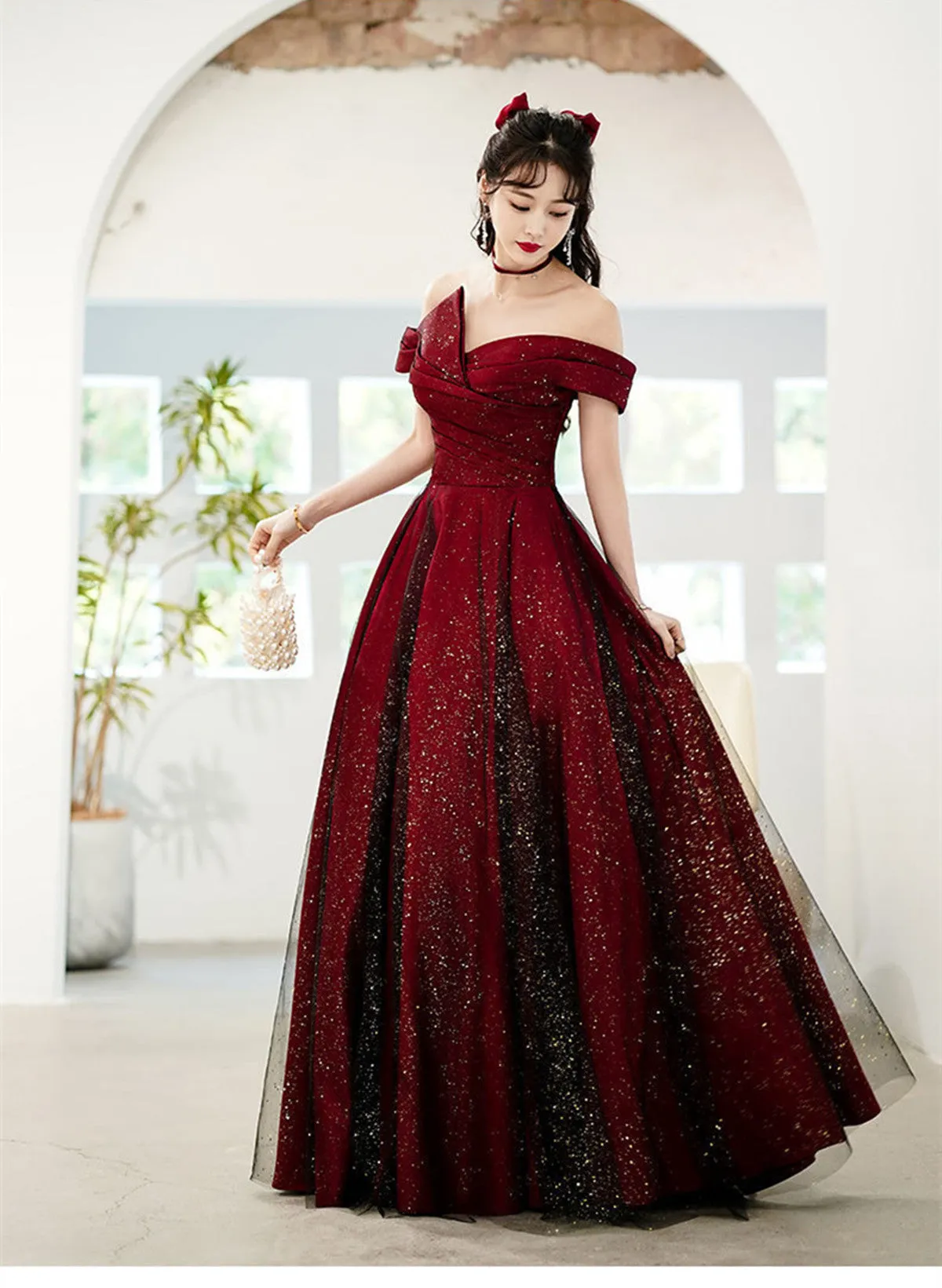 Uniwim Wine Red and Black Off Shoulder Satin Party Dress, Red and Black Long Evening Dress