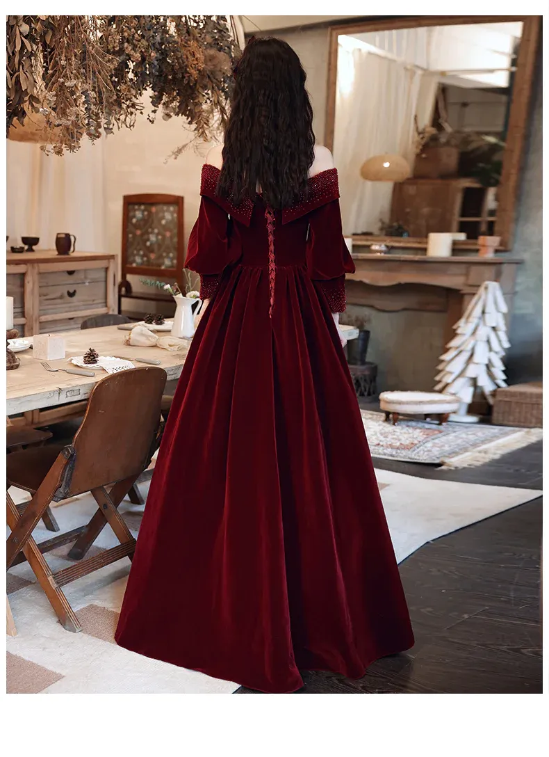 Uniwim Wine Red Beaded Puffy Sleeves Long Formal Dress, Wine Red Velvet A-line Party Dress