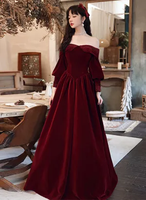 Uniwim Wine Red Beaded Puffy Sleeves Long Formal Dress, Wine Red Velvet A-line Party Dress