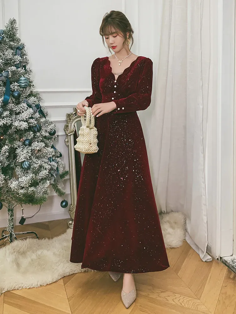 Uniwim Wine Red Velvet Long Sleeves Party Dress, Wine Red V-neckline Prom Dress Evening Dress