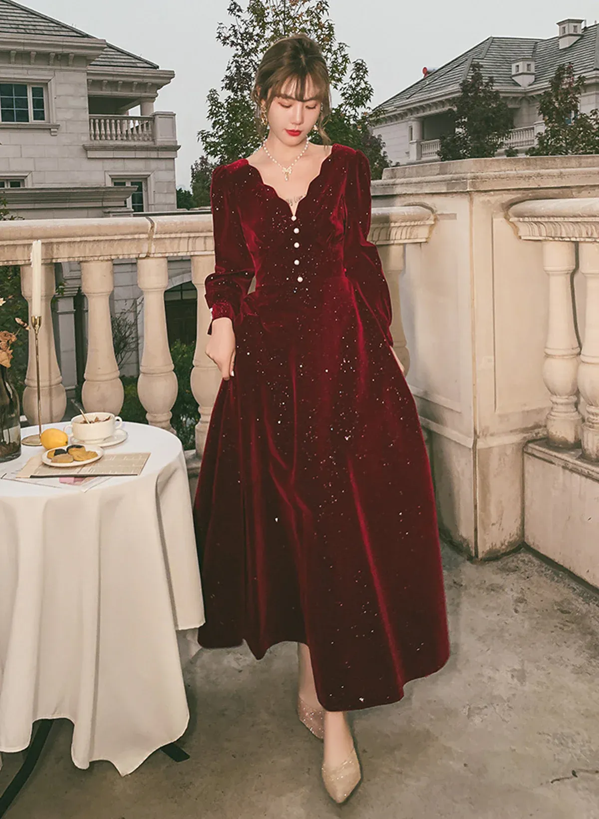 Uniwim Wine Red Velvet Long Sleeves Party Dress, Wine Red V-neckline Prom Dress Evening Dress