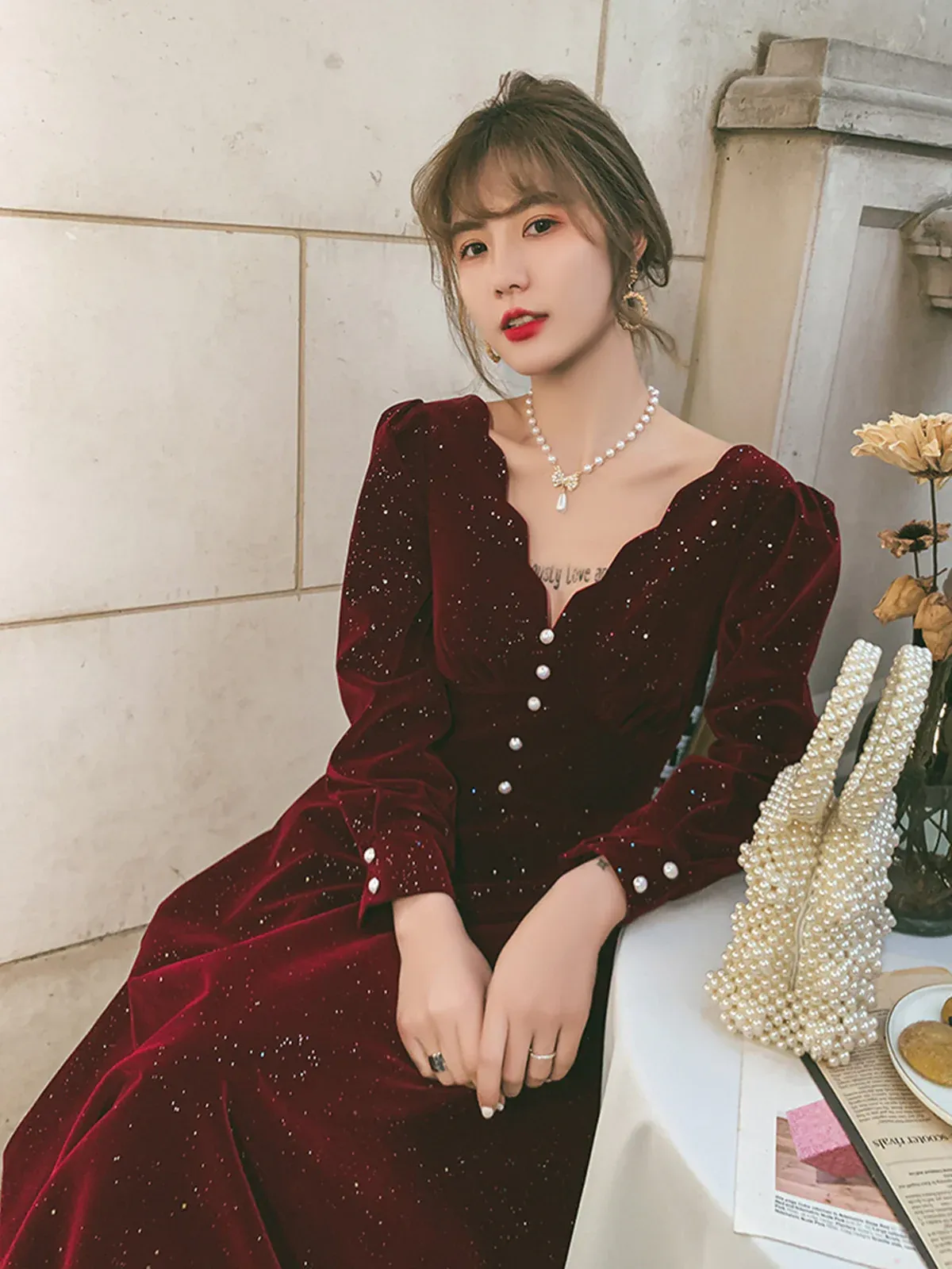 Uniwim Wine Red Velvet Long Sleeves Party Dress, Wine Red V-neckline Prom Dress Evening Dress