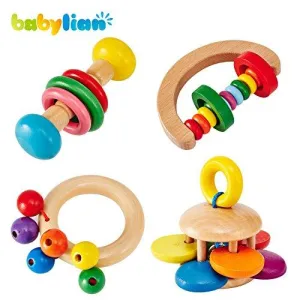 [US CPSC Certificated] Babylian Educational Grasping Rattles Combination of Beech Material for Children of More Than 3 Months Old (4 Type)