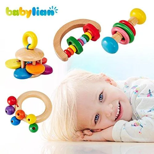 [US CPSC Certificated] Babylian Educational Grasping Rattles Combination of Beech Material for Children of More Than 3 Months Old (4 Type)