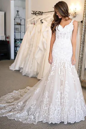 V Neck Mermaid Lace Wedding Dresses Bridal Gown With Sweep Train WD505