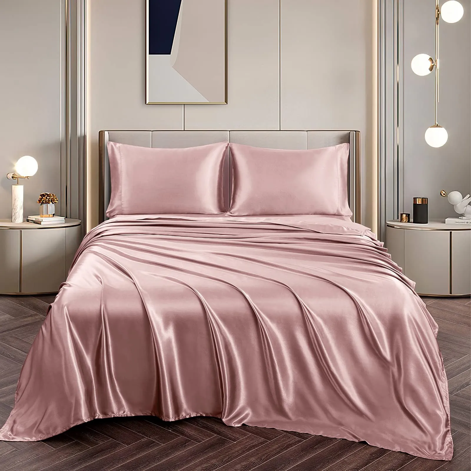 Vonty Satin Sheets Queen Size Silky Soft Satin Bed Sheets Pink Champange Satin Sheet Set, 1 Deep Pocket Fitted Sheet   1 Flat Sheet   2 Pillowcases