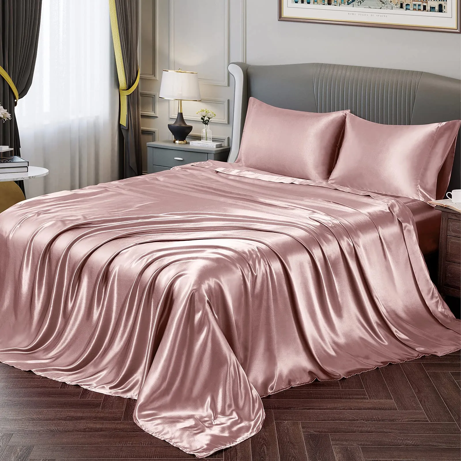 Vonty Satin Sheets Queen Size Silky Soft Satin Bed Sheets Pink Champange Satin Sheet Set, 1 Deep Pocket Fitted Sheet   1 Flat Sheet   2 Pillowcases