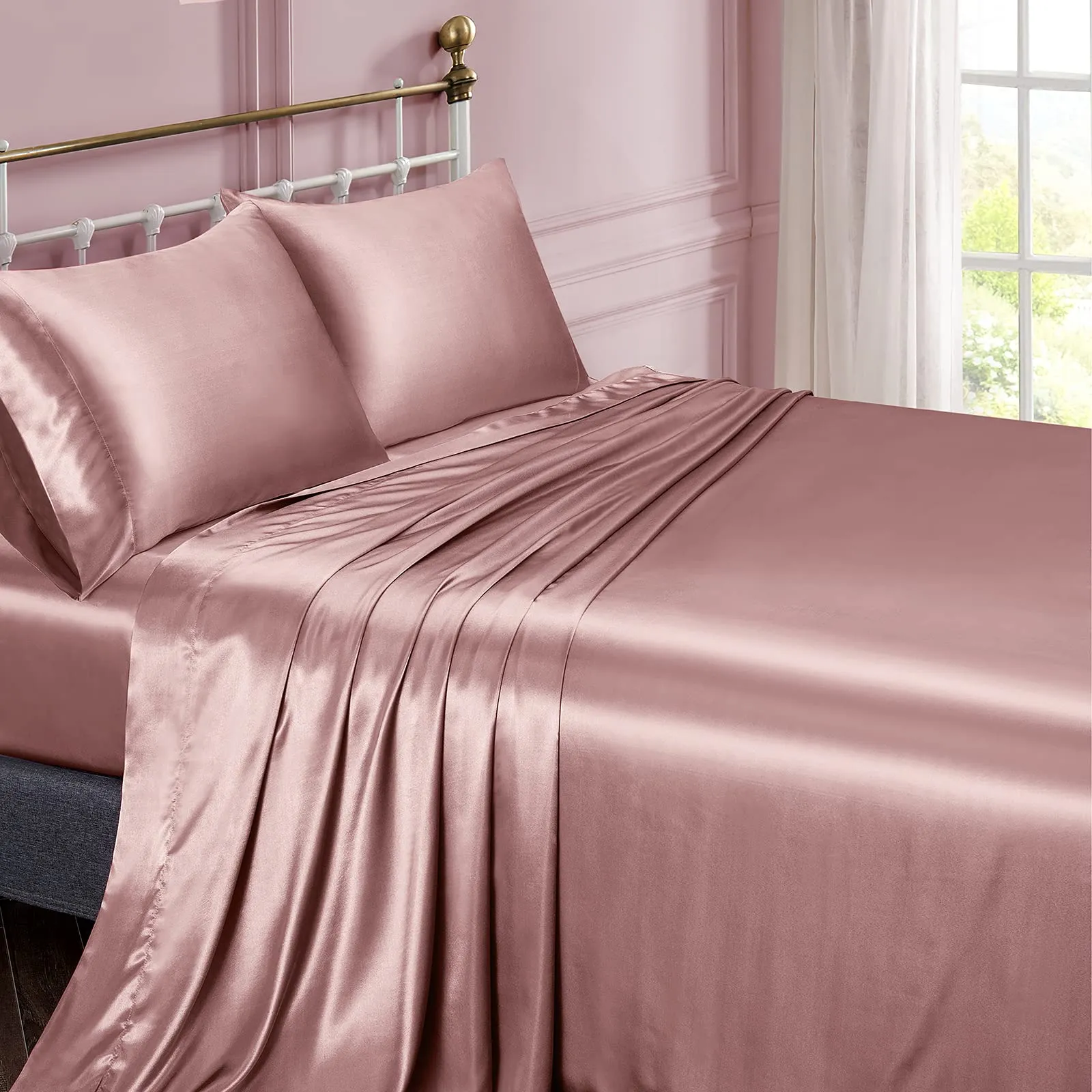 Vonty Satin Sheets Queen Size Silky Soft Satin Bed Sheets Pink Champange Satin Sheet Set, 1 Deep Pocket Fitted Sheet   1 Flat Sheet   2 Pillowcases