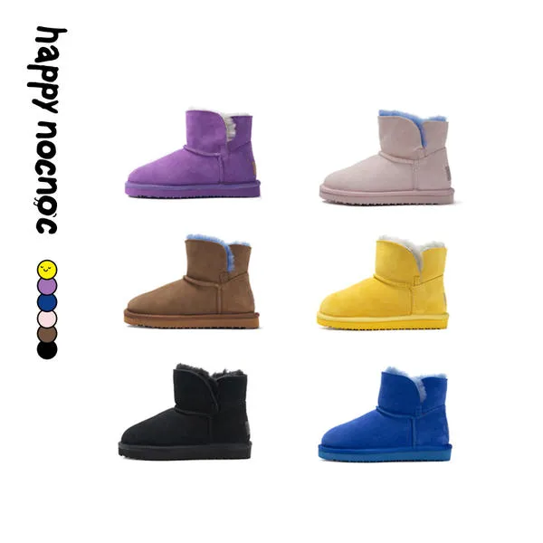 Waterproof Cowhide and Wool Contrast Color Snow Boots