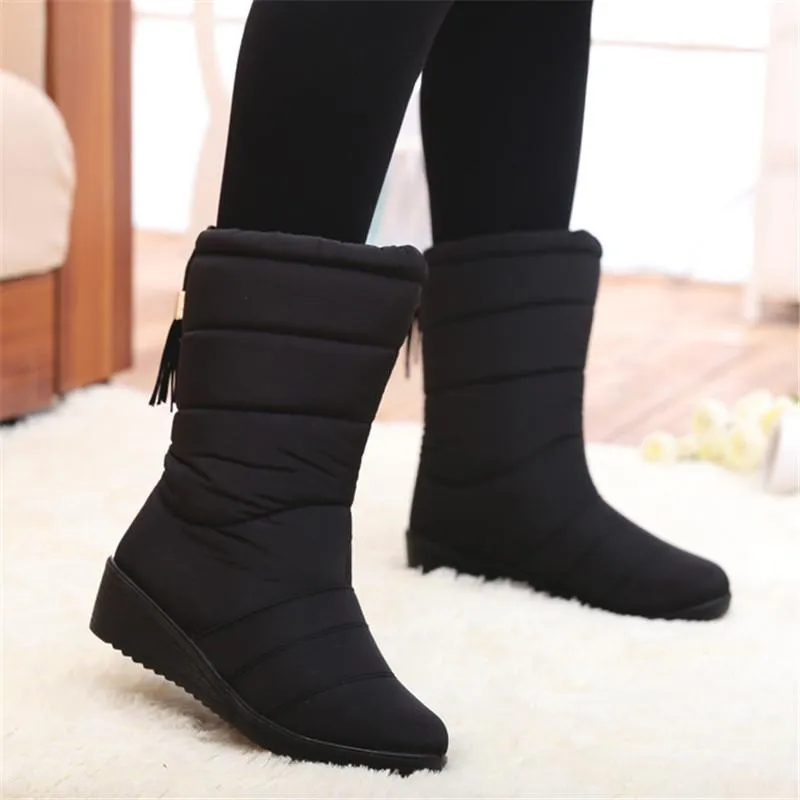 Waterproof fur lining mid calf snow boots low heel winter boots