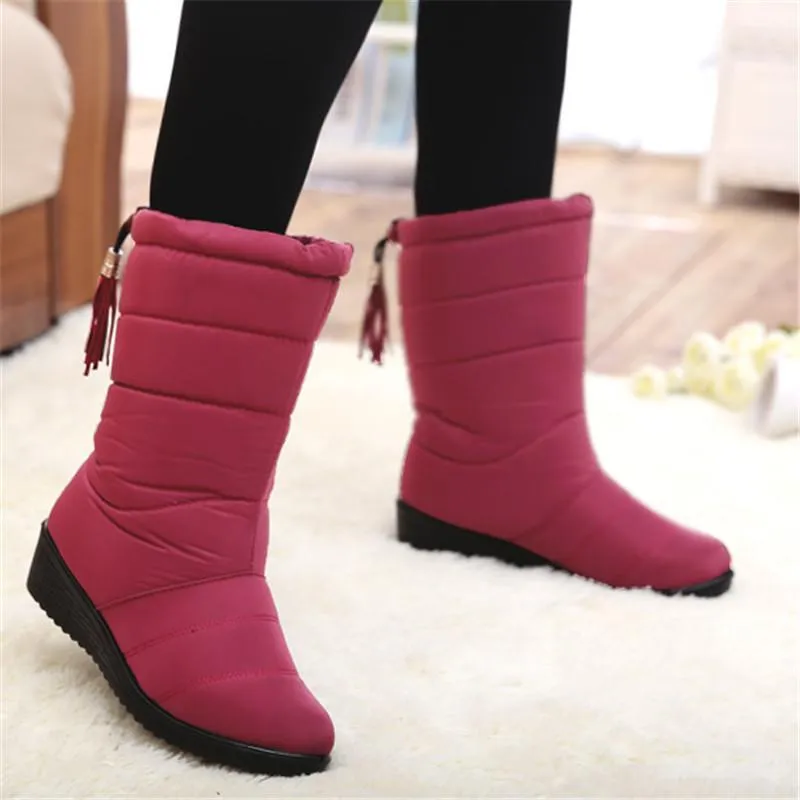 Waterproof fur lining mid calf snow boots low heel winter boots