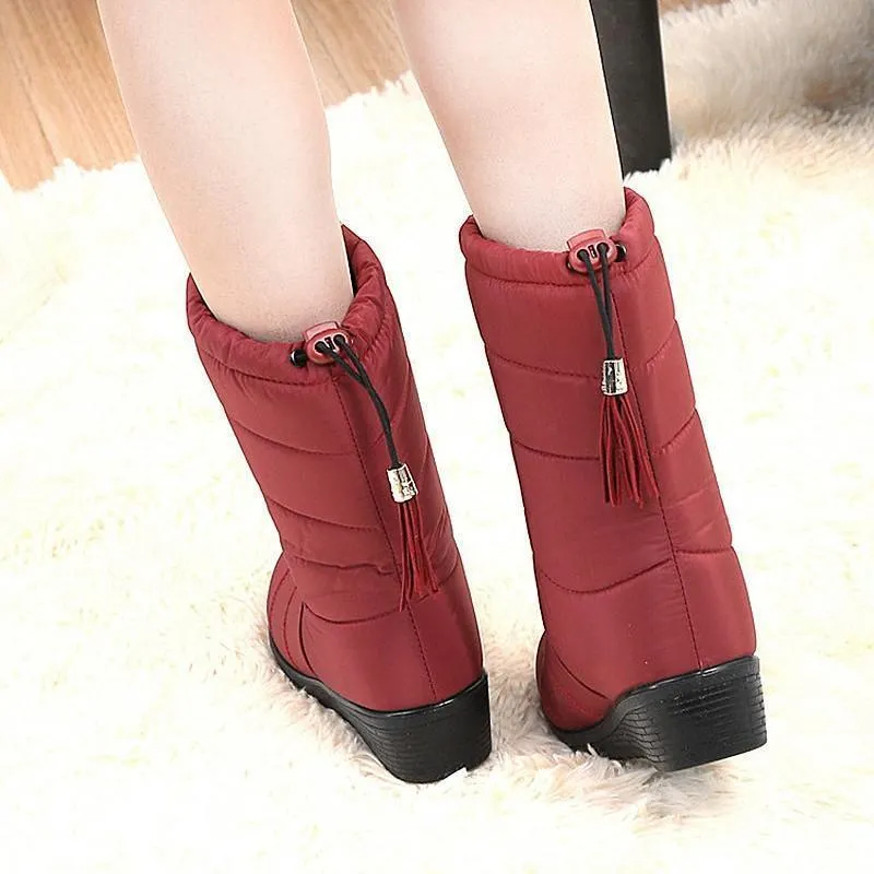 Waterproof fur lining mid calf snow boots low heel winter boots