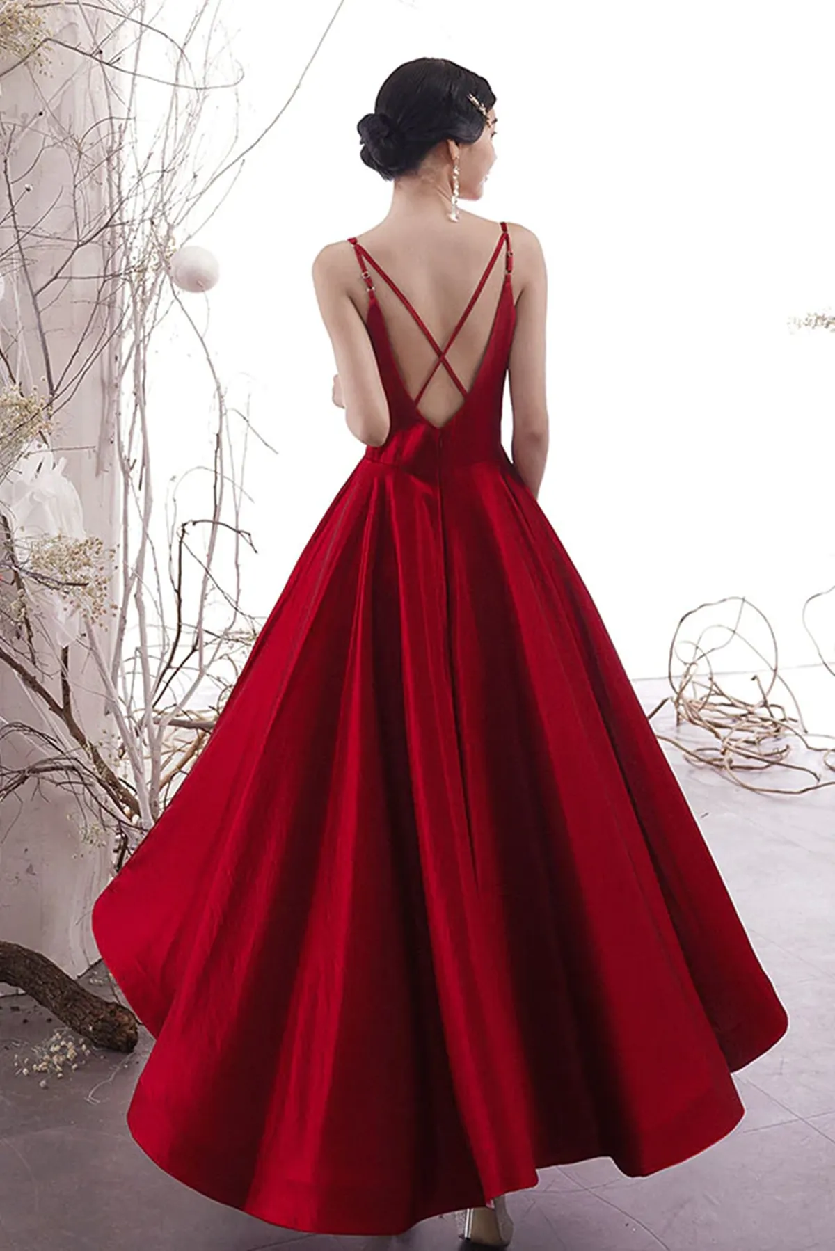 Wine Red Satin Cross Back Long Prom Dress, Wine Red Wedding Party Dress