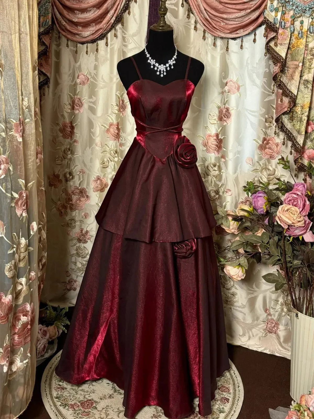 Wine Red Straps Sweetheart Vintage Style Party Dress, Wine Red Prom Dress