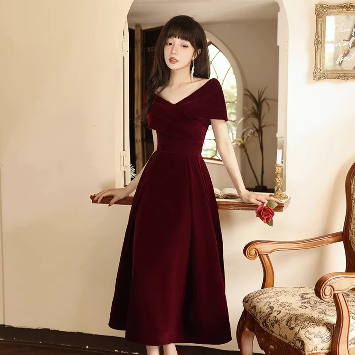 Wine Red Velvet Chic Tea Length, Wine Red Off Shoulder Wedding Party Dress