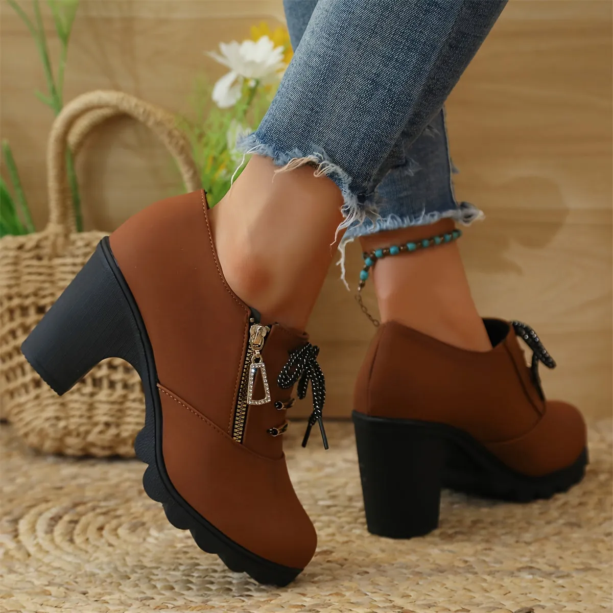 Women's Chunky Heeled Ankle Boots, Fashion Lace Up & Side Zipper Booties, All-Match High Heeled Short Boots