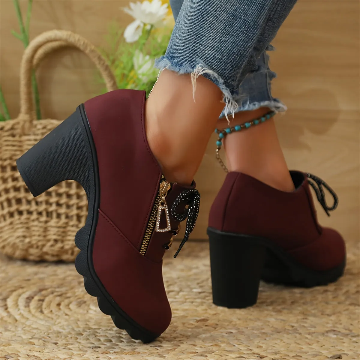 Women's Chunky Heeled Ankle Boots, Fashion Lace Up & Side Zipper Booties, All-Match High Heeled Short Boots