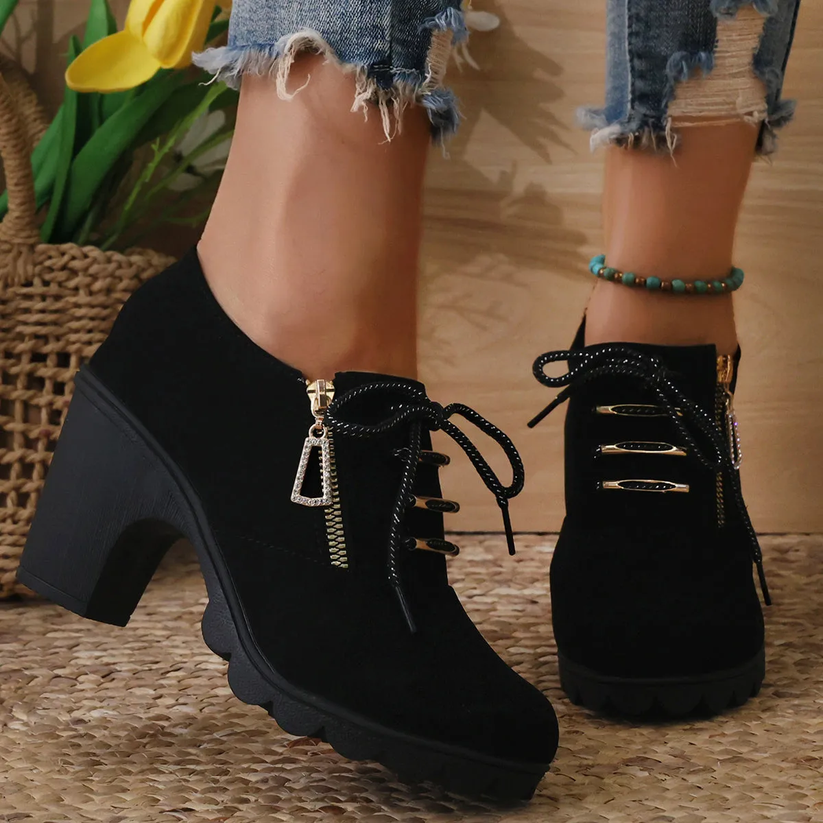 Women's Chunky Heeled Ankle Boots, Fashion Lace Up & Side Zipper Booties, All-Match High Heeled Short Boots