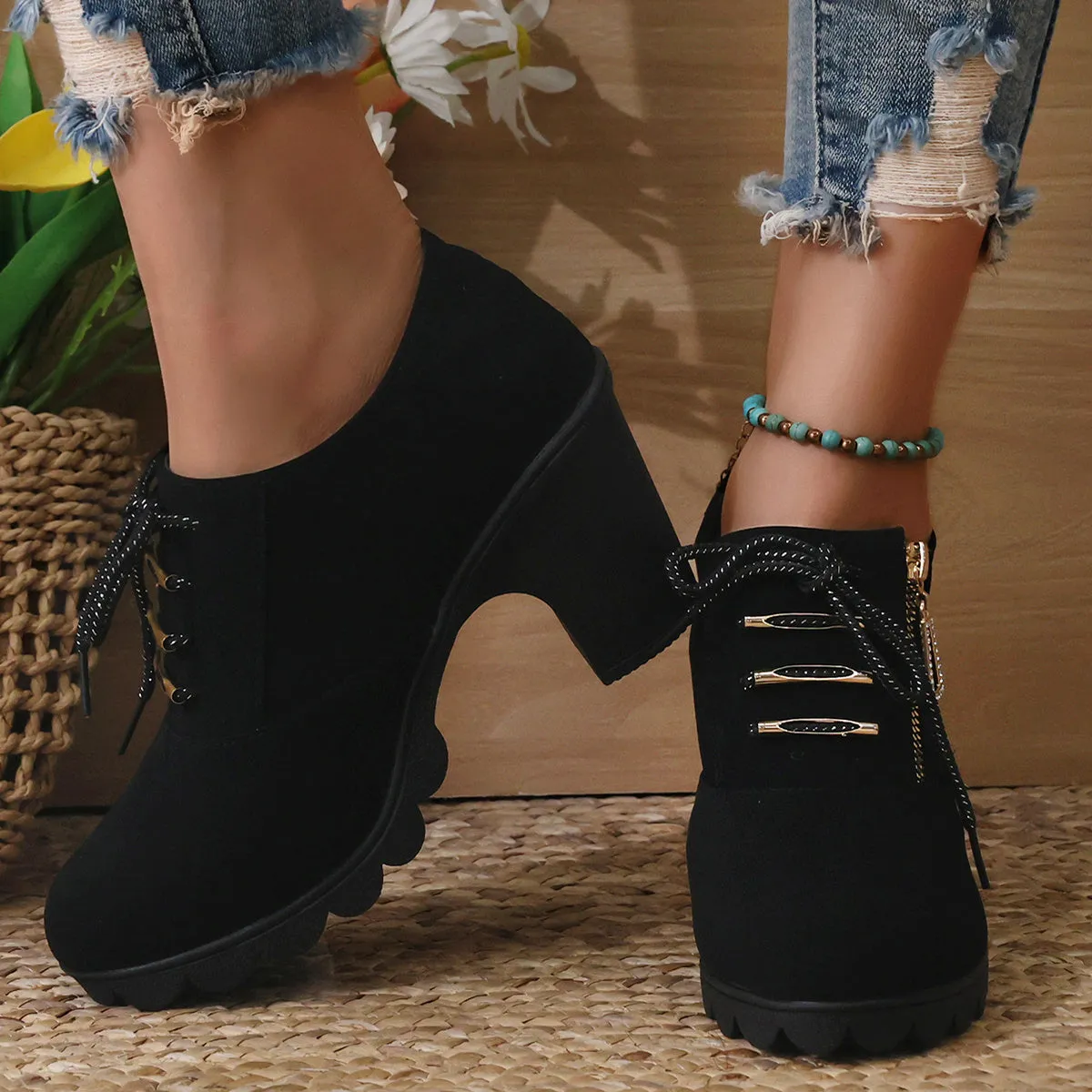 Women's Chunky Heeled Ankle Boots, Fashion Lace Up & Side Zipper Booties, All-Match High Heeled Short Boots