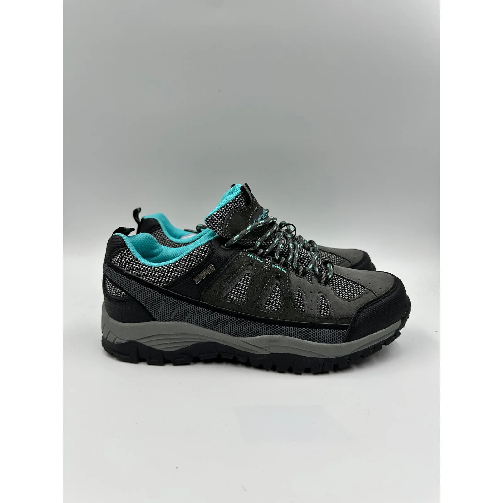 Women's Size 8.5, Gray Low Top Hikers w/ Aqua Accent and Rugged Toe and Heel Cap