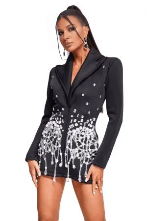 Women's Sparkly Crystal Pearls Mini Dress Black