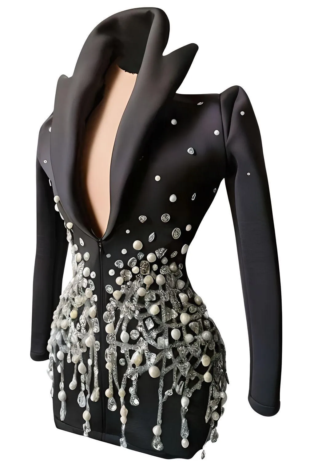 Women's Sparkly Crystal Pearls Mini Dress Black