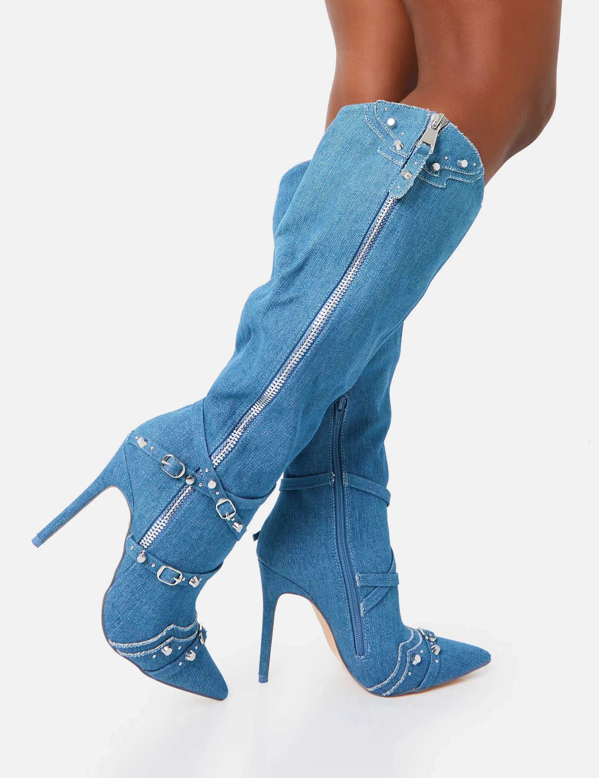 Worthy Blue Denim Studded Zip Detail Pointed Stiletto Knee High Boots