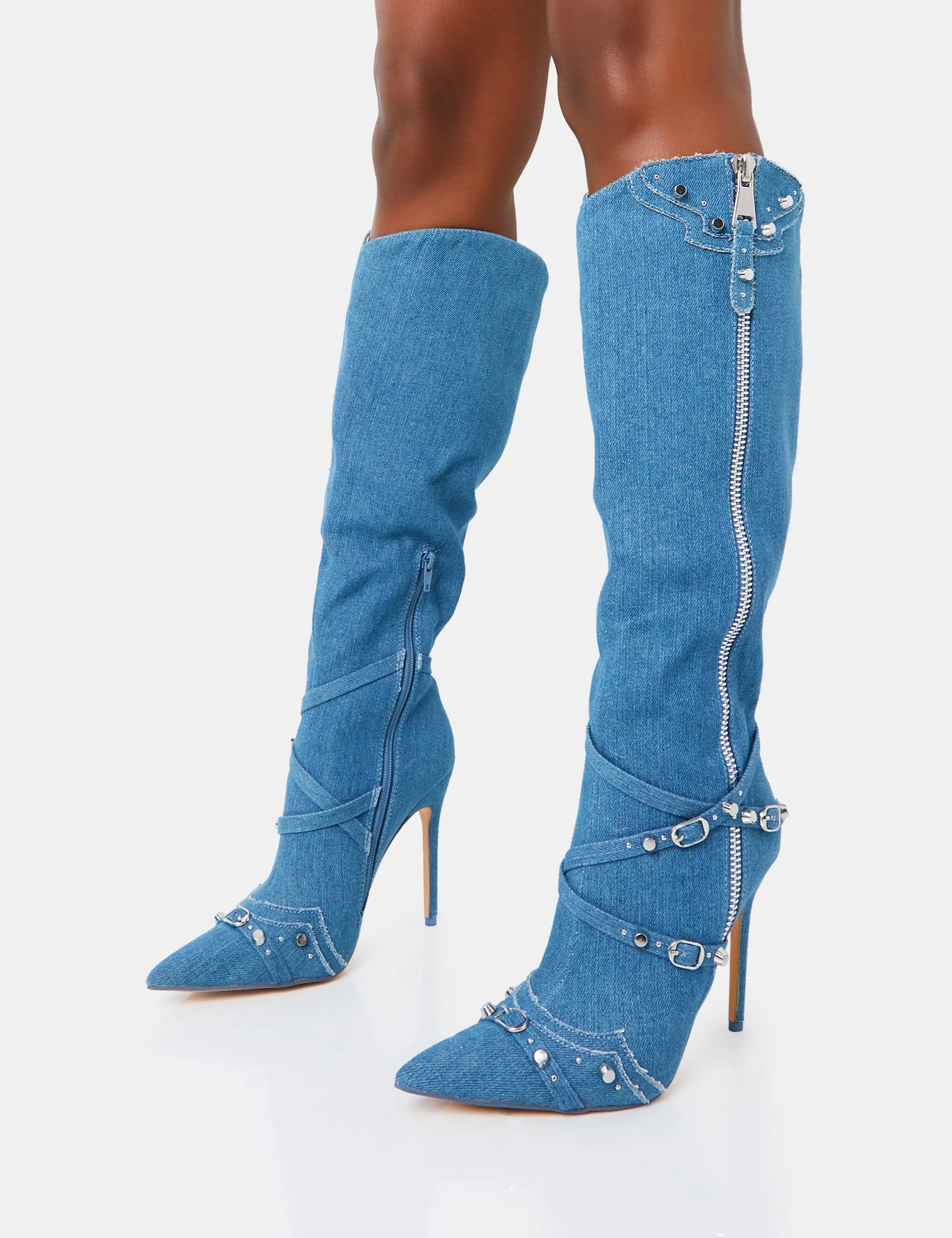 Worthy Blue Denim Studded Zip Detail Pointed Stiletto Knee High Boots