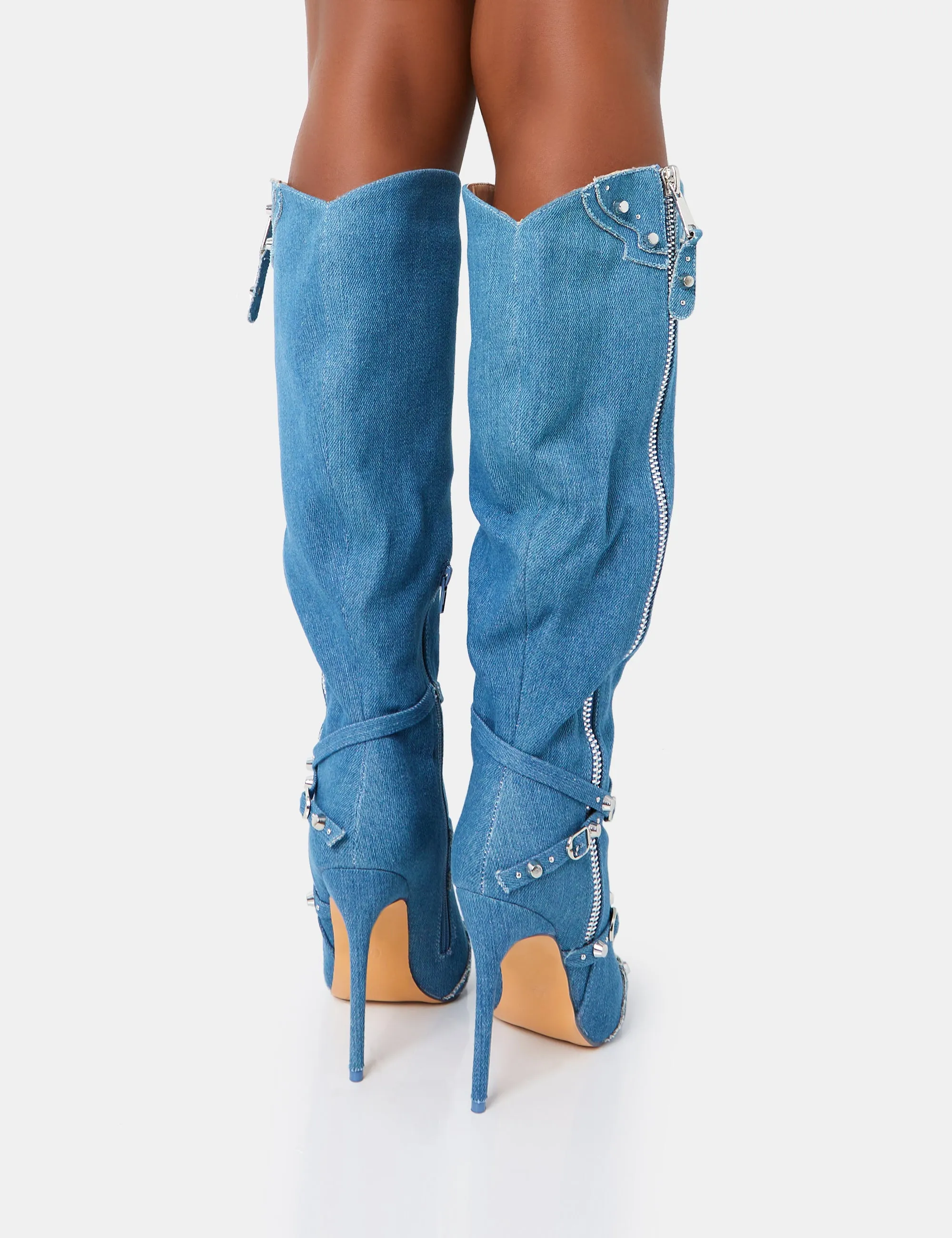 Worthy Blue Denim Studded Zip Detail Pointed Stiletto Knee High Boots