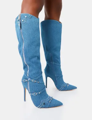 Worthy Blue Denim Studded Zip Detail Pointed Stiletto Knee High Boots