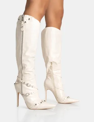 Worthy Ecru Croc Studded Zip Detail Pointed Stiletto Knee High Boots