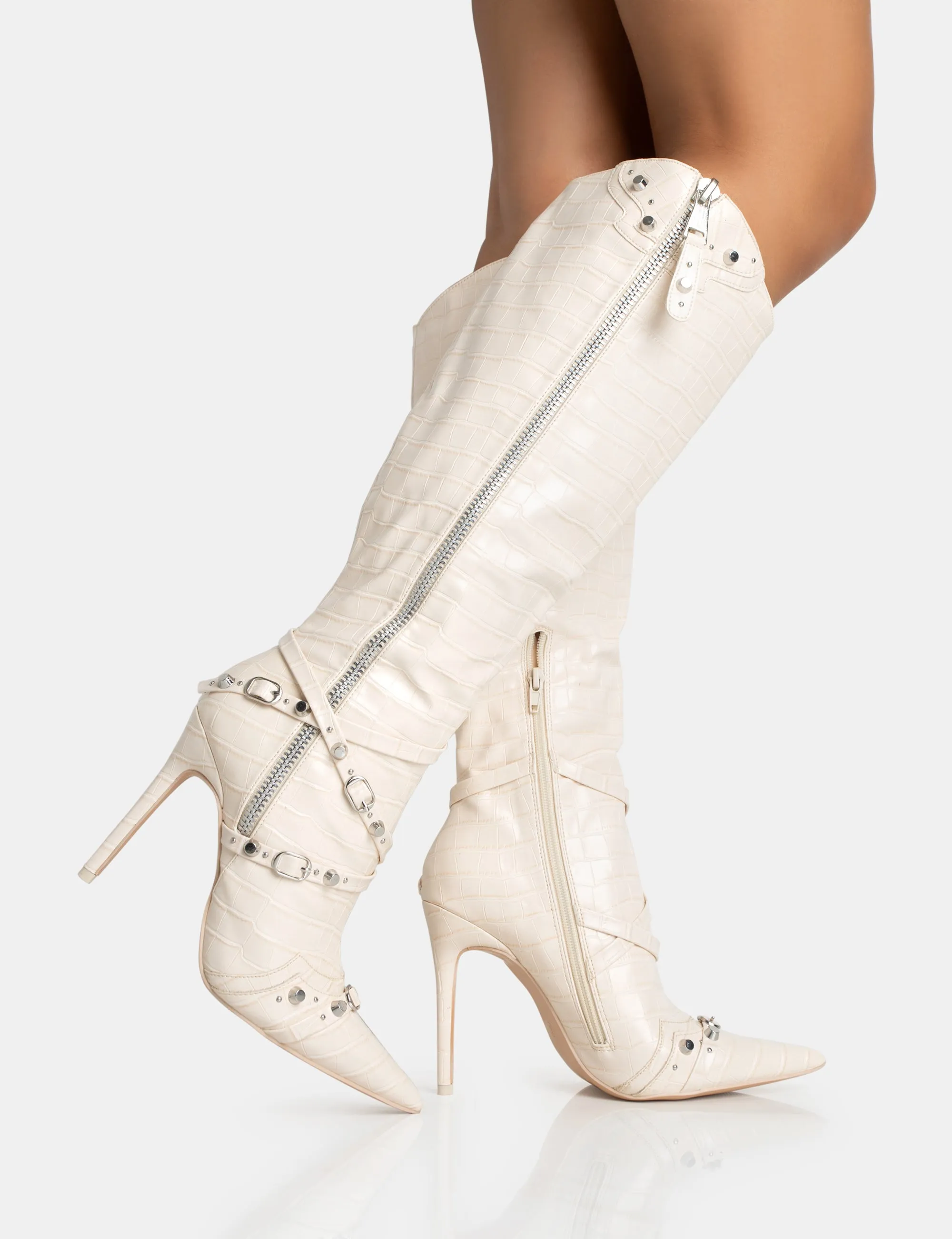 Worthy Ecru Croc Studded Zip Detail Pointed Stiletto Knee High Boots